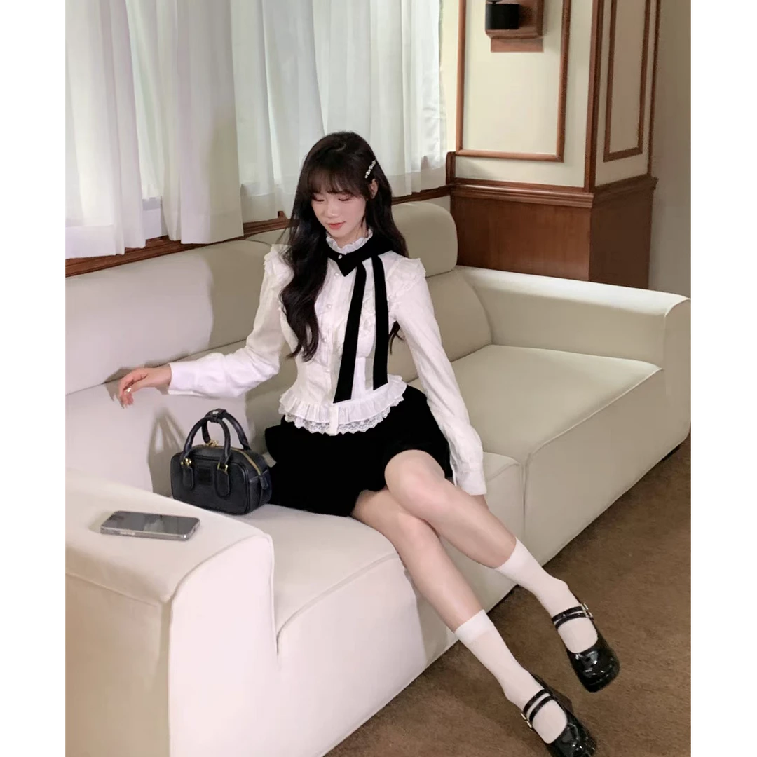 【一萍】大码女装法式千金蝴蝶结长袖蕾丝衬衫上衣短裙14114