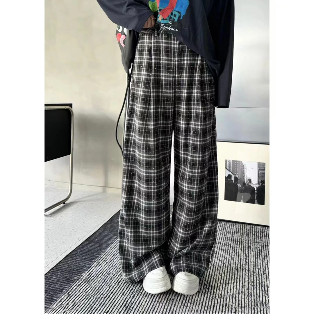 【格纹星河】设计感复古格纹撞色烫钻高腰宽松阔腿裤