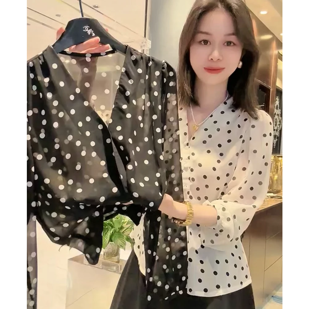 欧货法式波点衬衫女2025新款夏气质雪纺衬衣长袖防晒薄款上衣