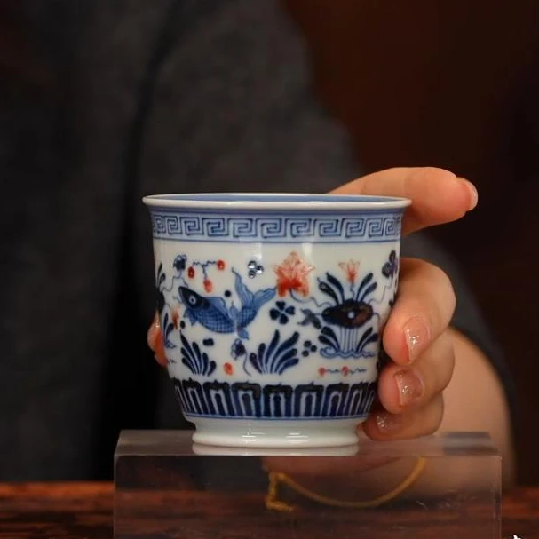 【墨舍名窑】屹朴青花釉里红鱼藻手握杯 景德镇陶瓷