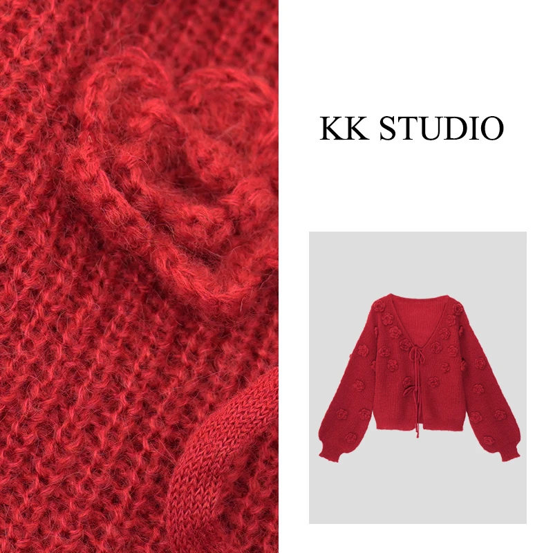 淇老板KK Studio秋季新款百搭宽松重工花朵钩花羊毛毛衣9500