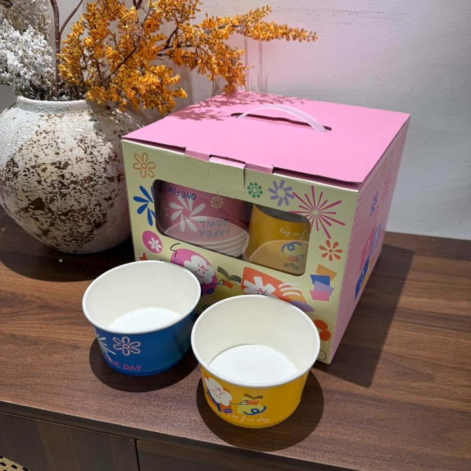 【包邮】一次性纸碗打包盒卡通图案隔热防烫餐盒家用聚会圆形纸餐具