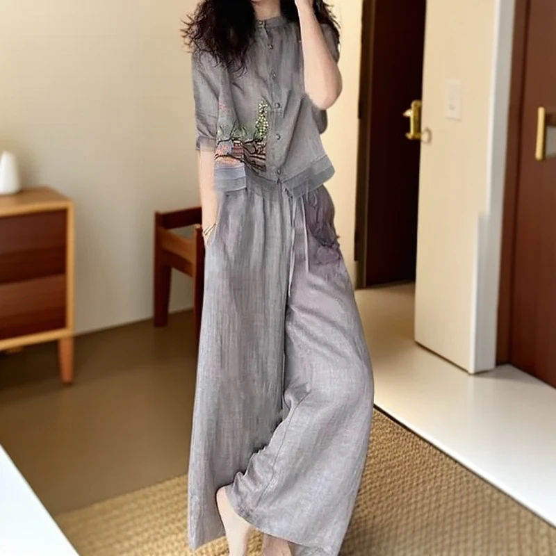 2025大码女装夏季洋气减龄套装女复古民族风高端时尚阔腿裤两件套