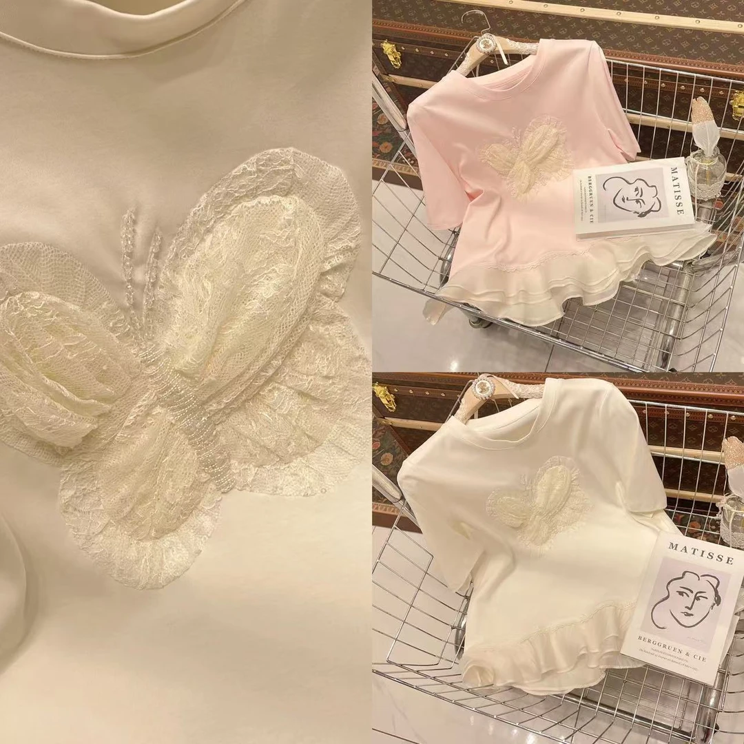 闺蜜精品021105【会飞的蝶】蕾丝拼接蝴蝶短袖