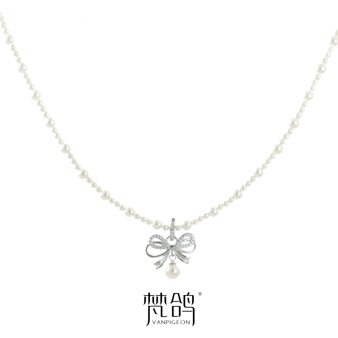 VANPIGEON/梵鸽 坠链均925银合成锆石 可拆卸蝴蝶结珠珠吊坠白色