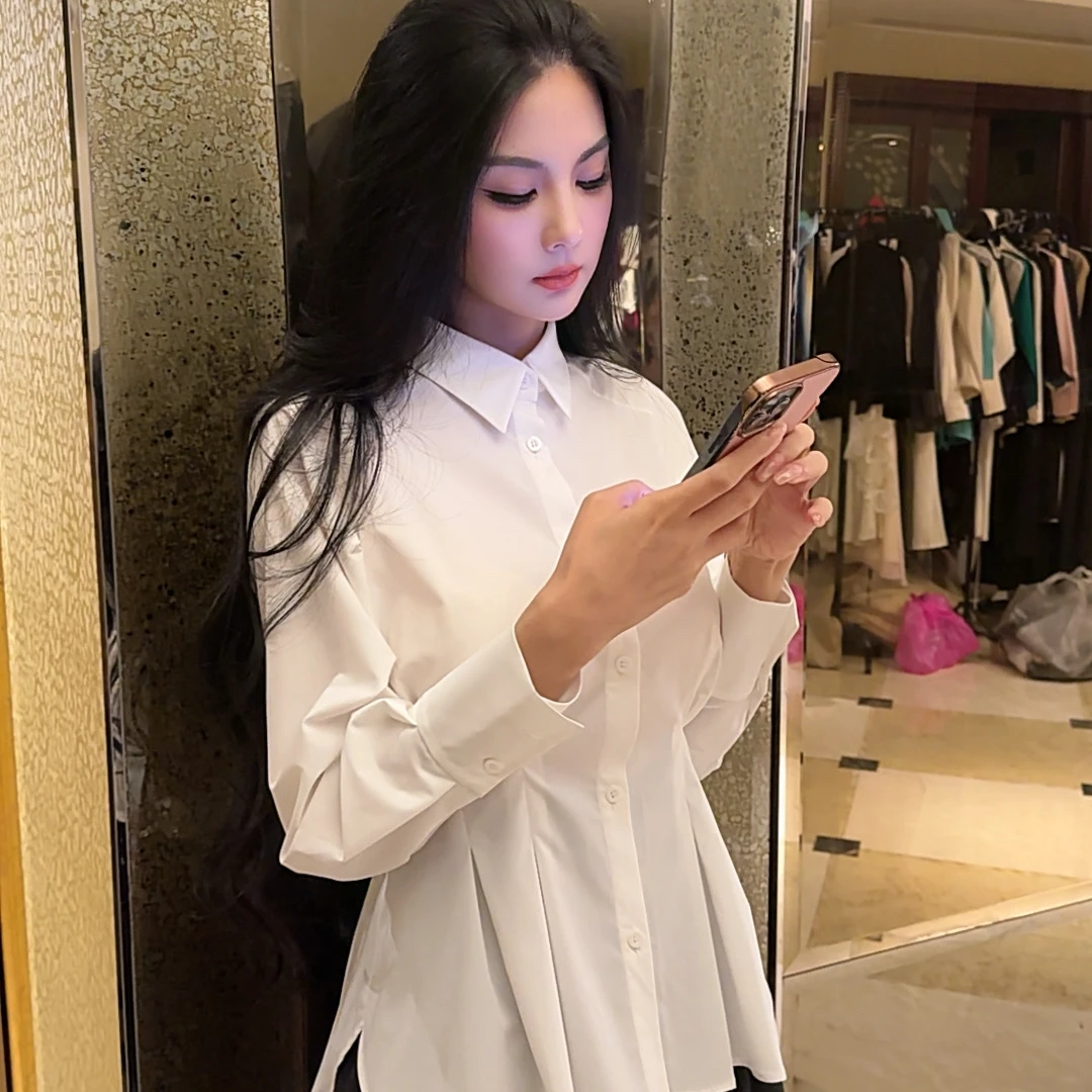 魏元高定/秋季高定收腰打底设计感纯色气质白色显瘦衬衫-1064