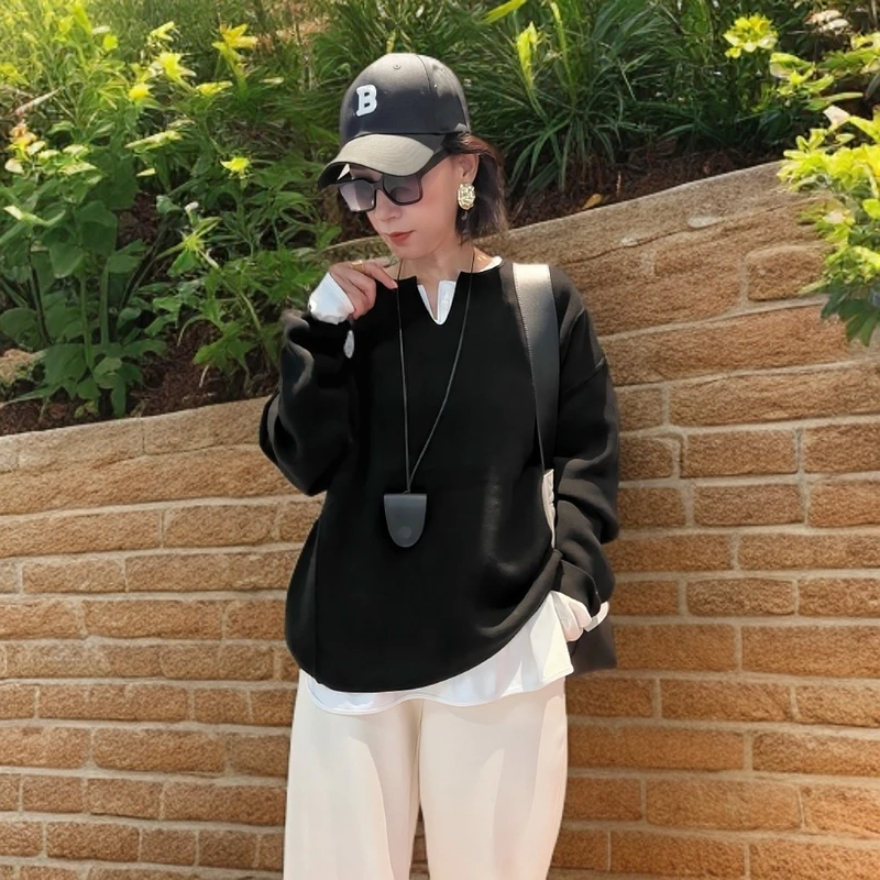 D.boss“慵懒”V领100羊毛纯色秋冬长袖黑色宽松休闲百搭针织羊毛衫