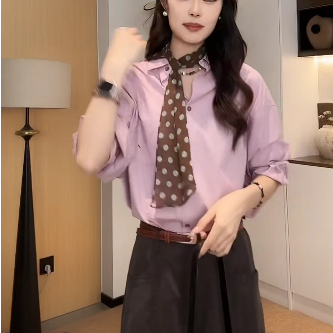 【花漾公园】韩版宽松纯色百搭气质时尚简约翻领衬衫LK2502072