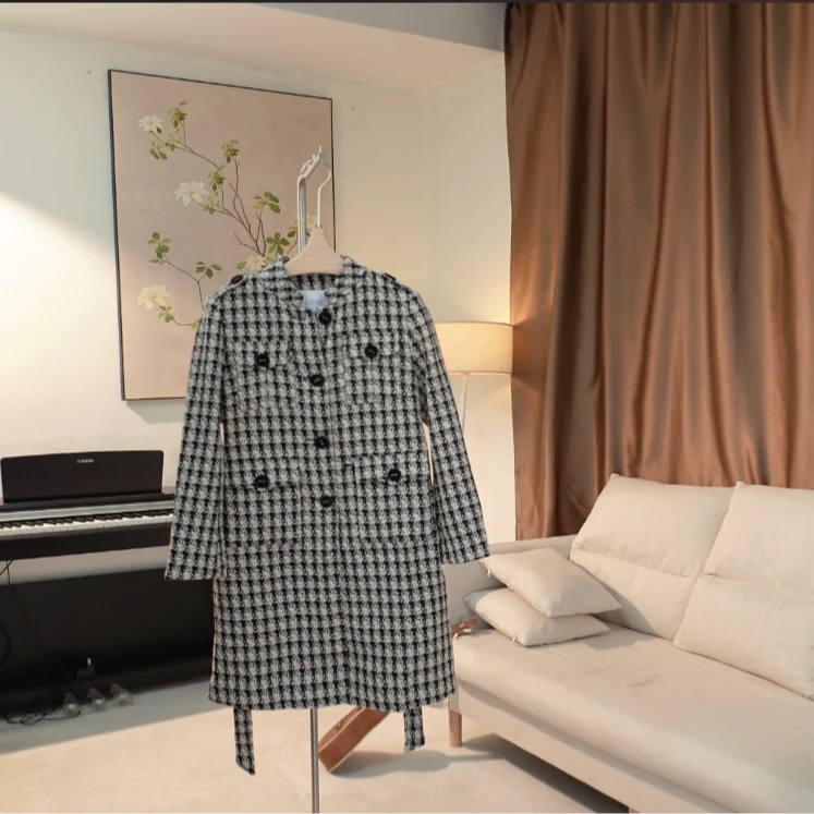 G046 中长款粗花羊毛编织千鸟格外套女 74XB77