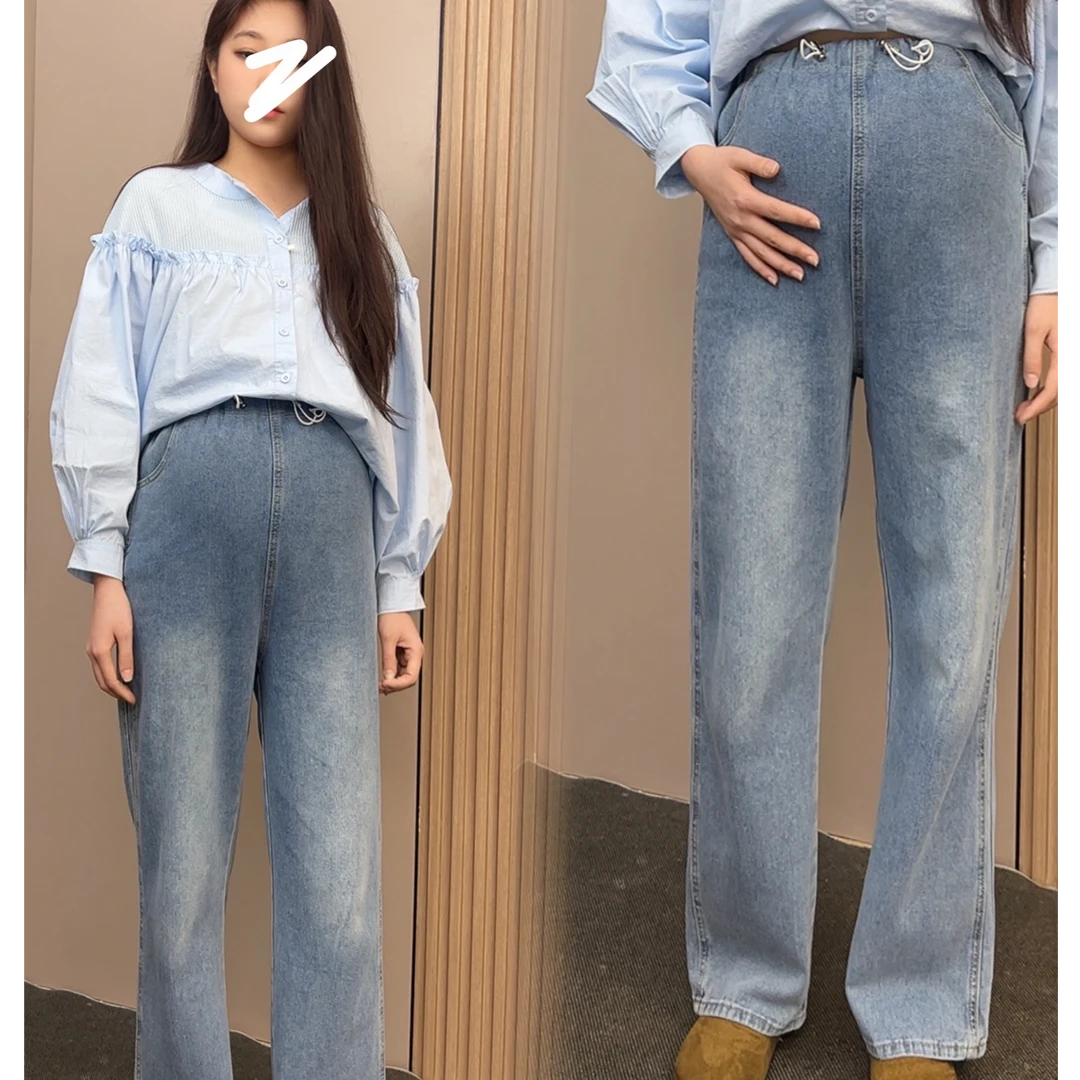 抽绳牛仔裤春季孕期外穿阔腿裤休闲裤百搭潮妈裤子女式显瘦高腰
