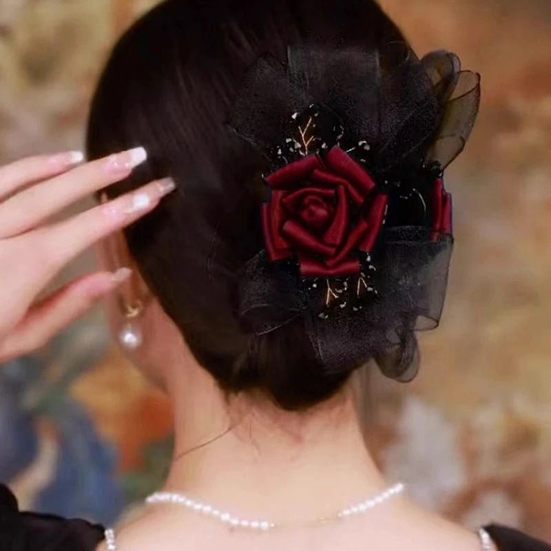 轻奢布艺网纱玫瑰抓夹女后脑勺精致高级感气质鲨鱼夹盘发夹发饰
