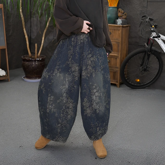 qq提花长裤秋季水洗十二片拼接高腰牛仔裤宽松牛仔裤子女