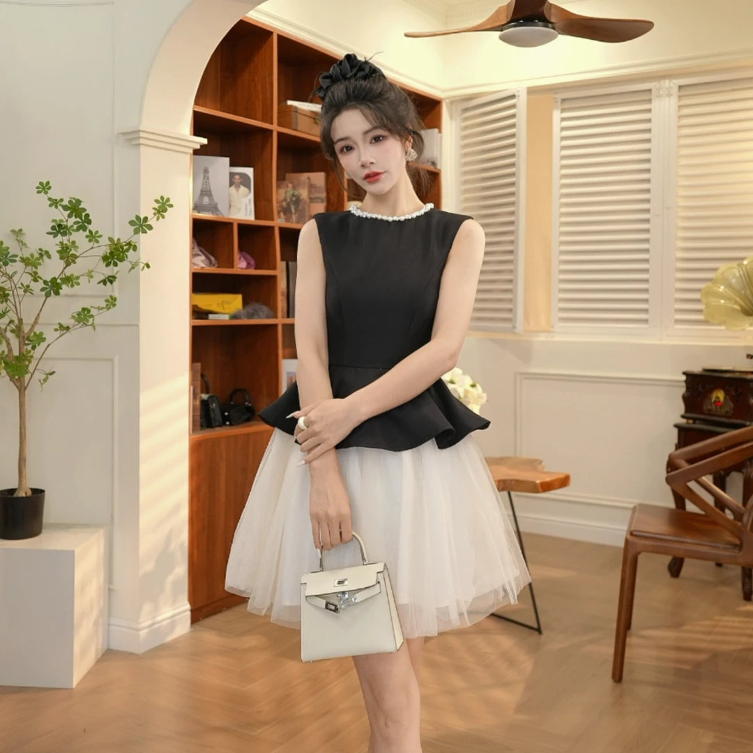 【JANE·简】夏季质黑色修身显高显白法式收腰泡泡袖连衣裙9004