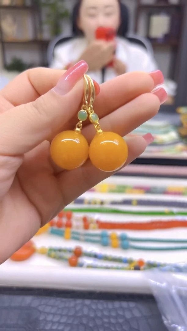 蜜蜡14K金镶嵌耳饰DIY款E893
