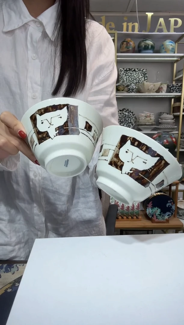 陶瓷猫咪生活斗笠碗12.8cm2只装