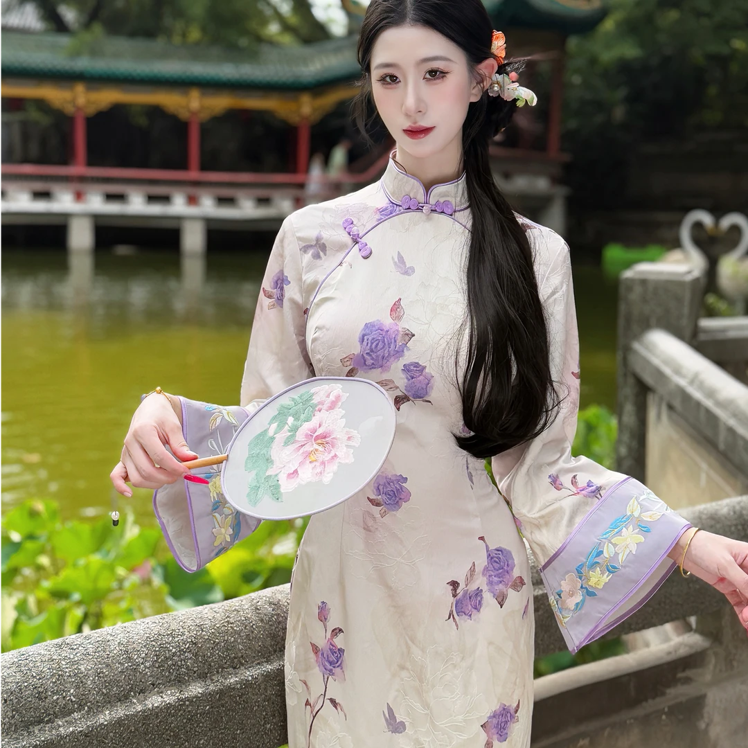 LHMknk1画报夫人新中式国风改良刺绣旗袍 梦紫竹倒大袖特价不退换