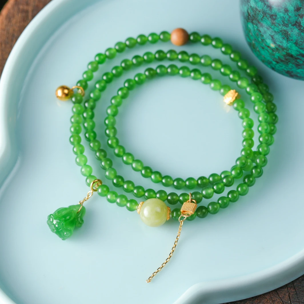 【意婵】《善柔》天然典藏级苹果绿和田碧玉多圈莲蓬18k金翡翠903286