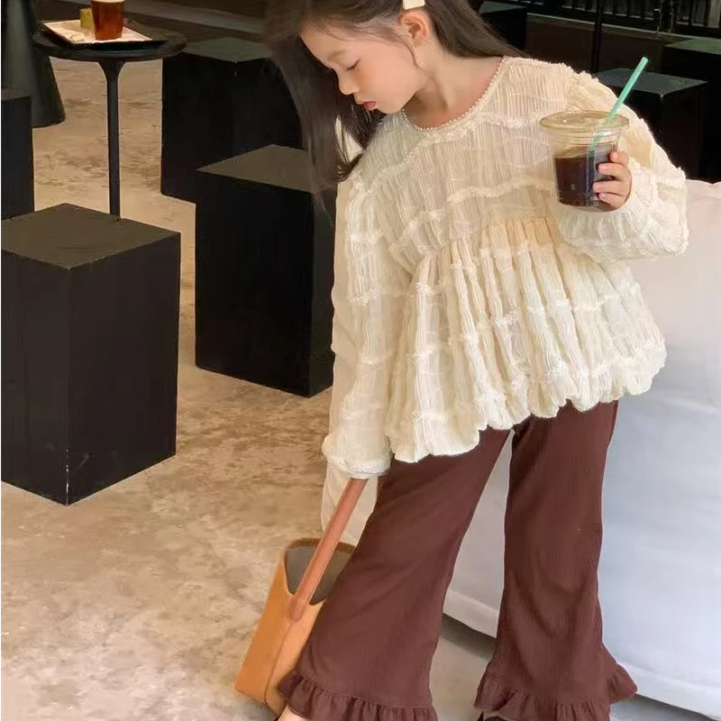 女童秋冬季洋气竖条裤脚花边微喇休闲裤60179