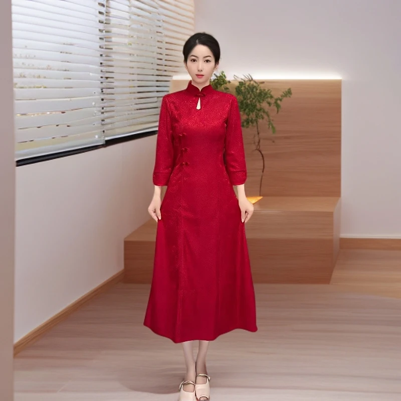 【吉祥如意】2025中国风红色水滴领旗袍裙气质修身显瘦中长款A16