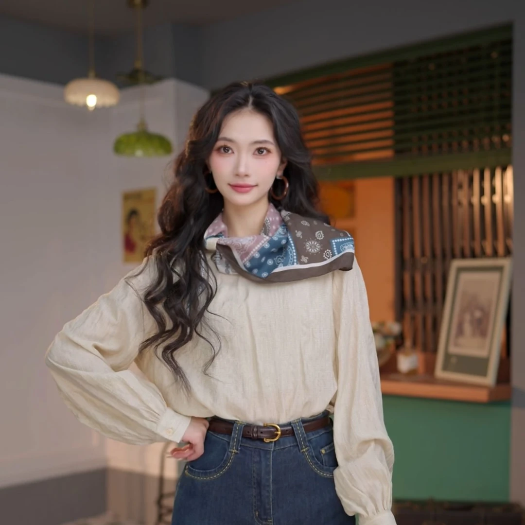 丁佳欣【白雪煮茶】港风复古丝巾气质长袖百搭宽松衬衫DS1116341