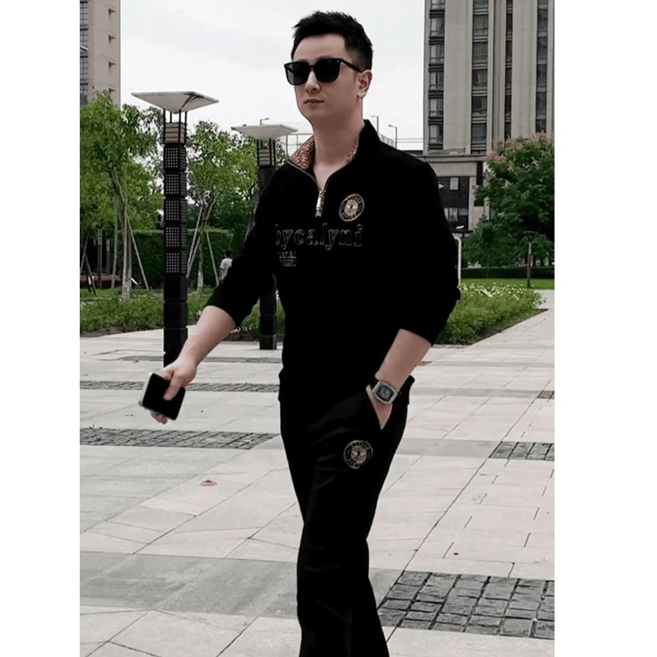 2025新款春秋季男士立领休闲长裤套装轻奢时尚两件套潮流潮男套装