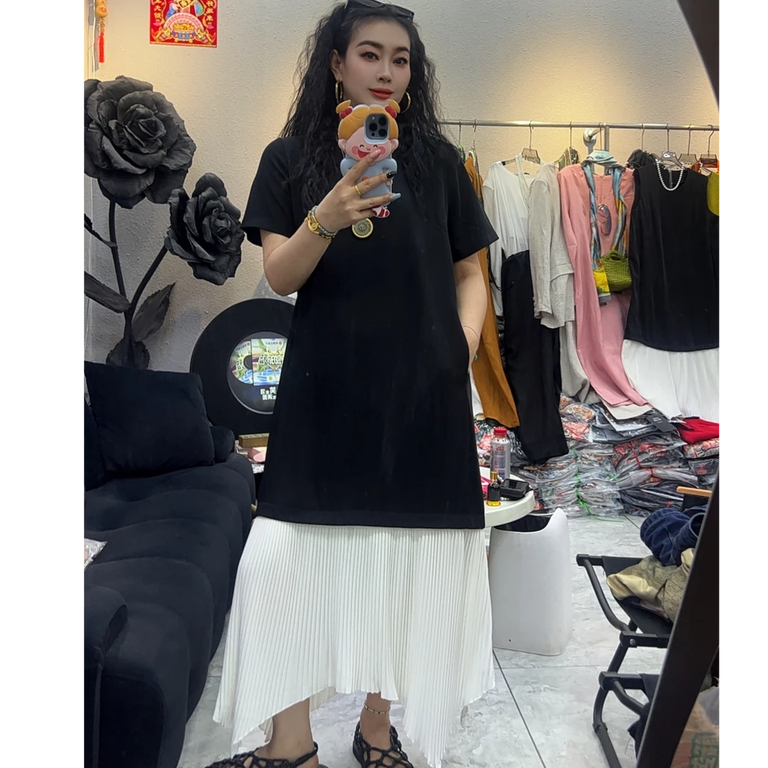 D1032-1新款韩版时尚极简风圆领正肩显瘦拼色褶皱连衣裙