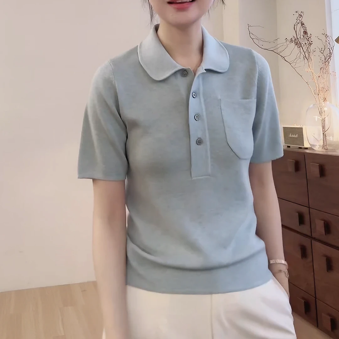 秋季显瘦新款气质简约翻领miu系风针织精致短袖小衫女LK2505671