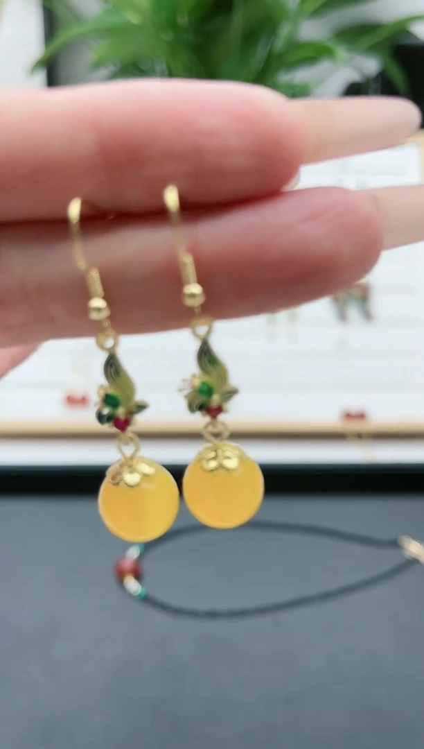 【闪购商品】玛瑙/玉髓耳饰银S925镀金镶嵌9