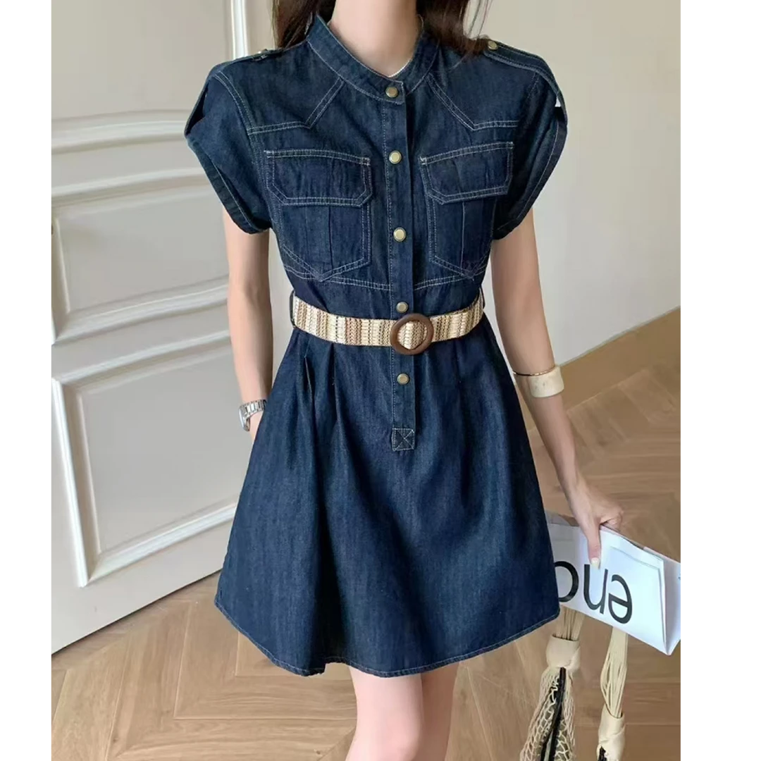 【MY LIFE】            立领中长款薄牛仔连衣裙