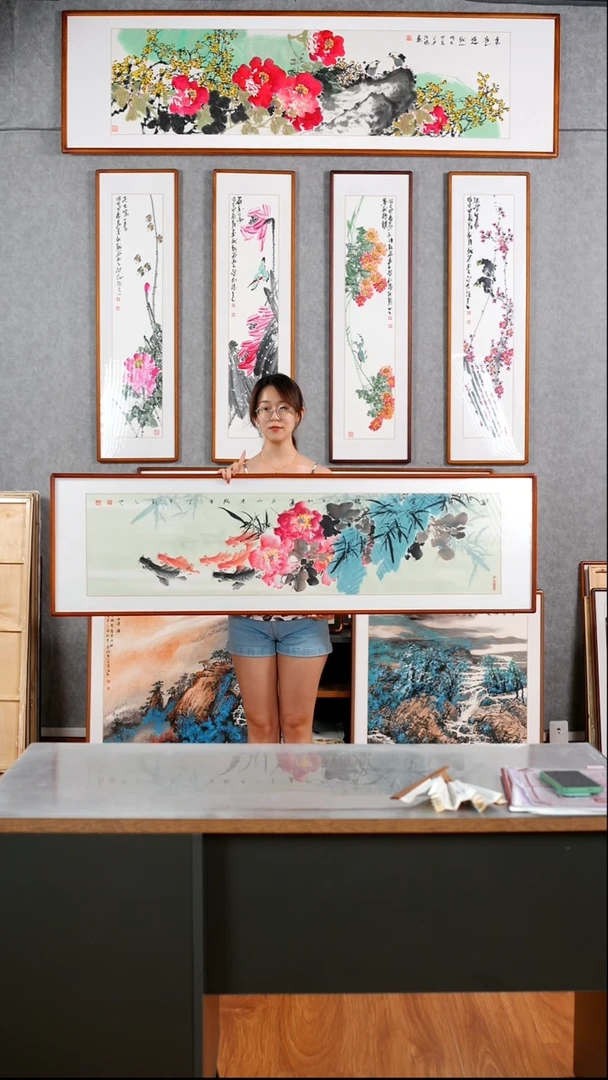 国画阿里丁《富贵有余》手绘含框162*47厘米