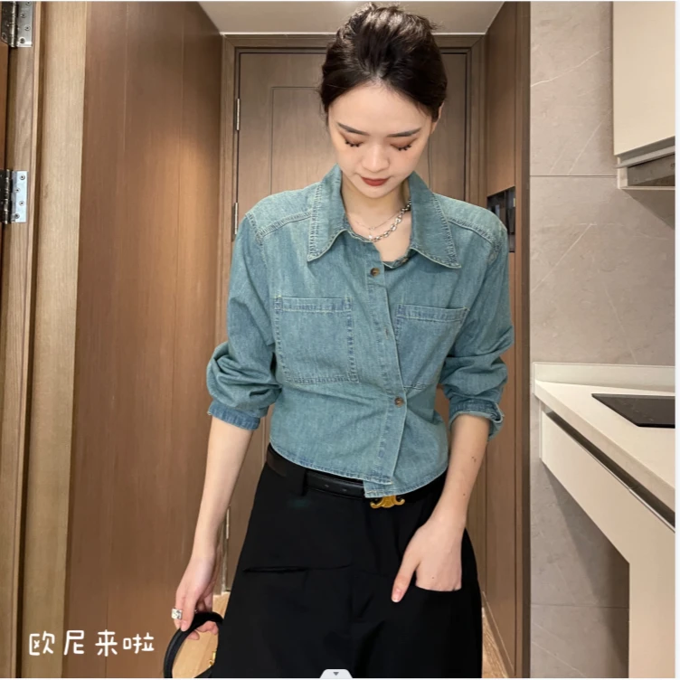 欧尼家【牛仔很酷】复古绑带设计感百搭水洗短款外套上衣显瘦SY1909