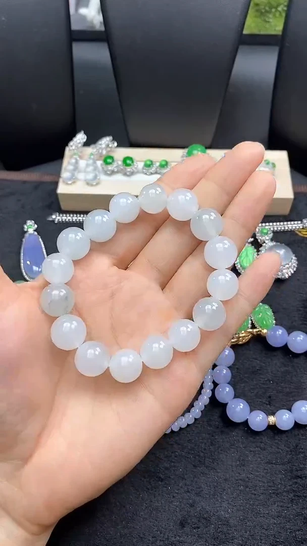 套链未镶嵌翡翠白冰胶珠串