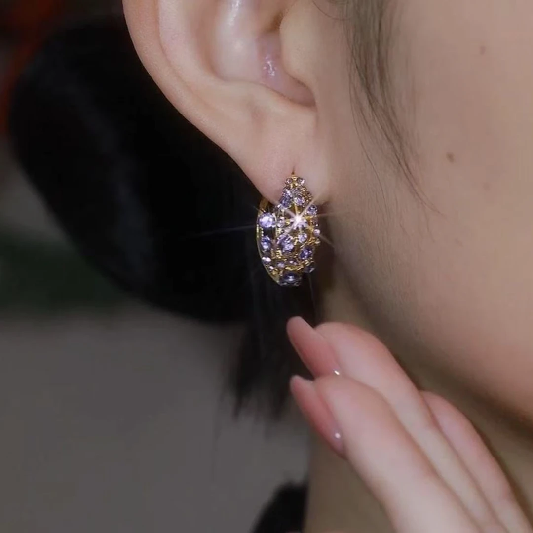 铜合金耳饰 925银针超闪满钻耳环小众设计感气质紫色耳扣