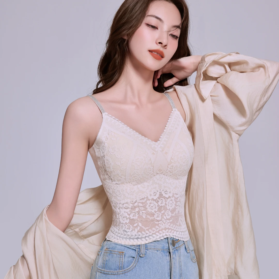 克尔伦贝优雅蕾丝V领镂空花纹美背可调节肩带超薄无痕一体杯8816