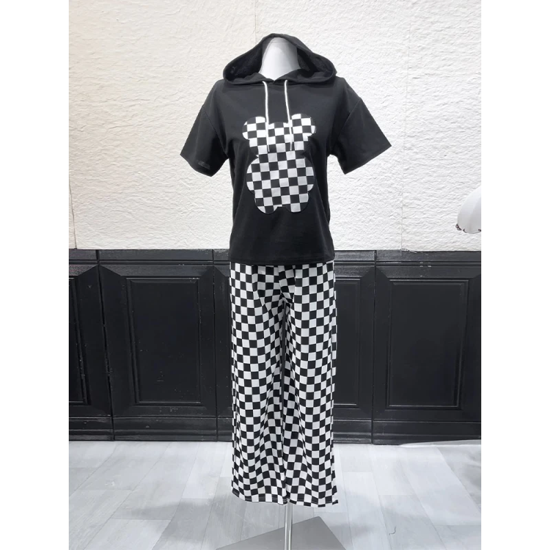 夏季休闲长裤套装女原宿风加长棋盘格子阔腿裤休闲短袖卫衣两件套