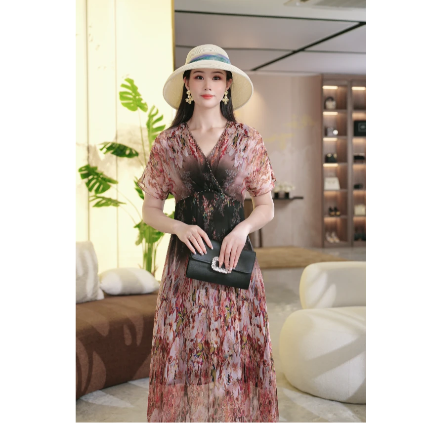 桑蚕丝2025夏季新款法式气质显瘦印花连衣裙