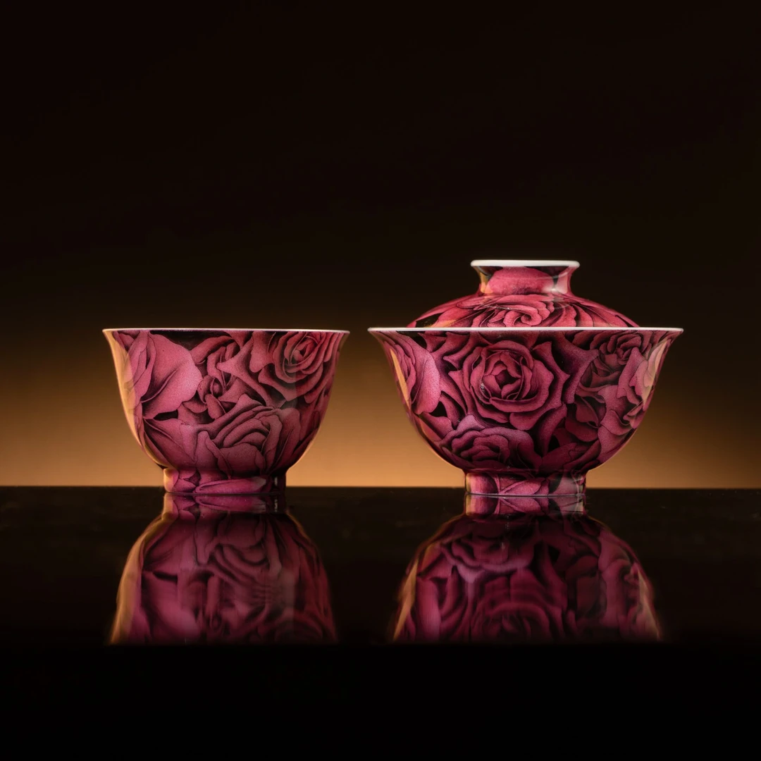 雅圣粉彩玫瑰套组景德镇手工手绘茶具