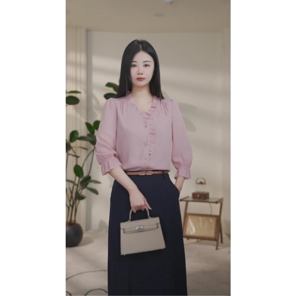 【曼贝manbei】欧若风8592456蜜桃粉衬衫女中袖法式气质衬衣