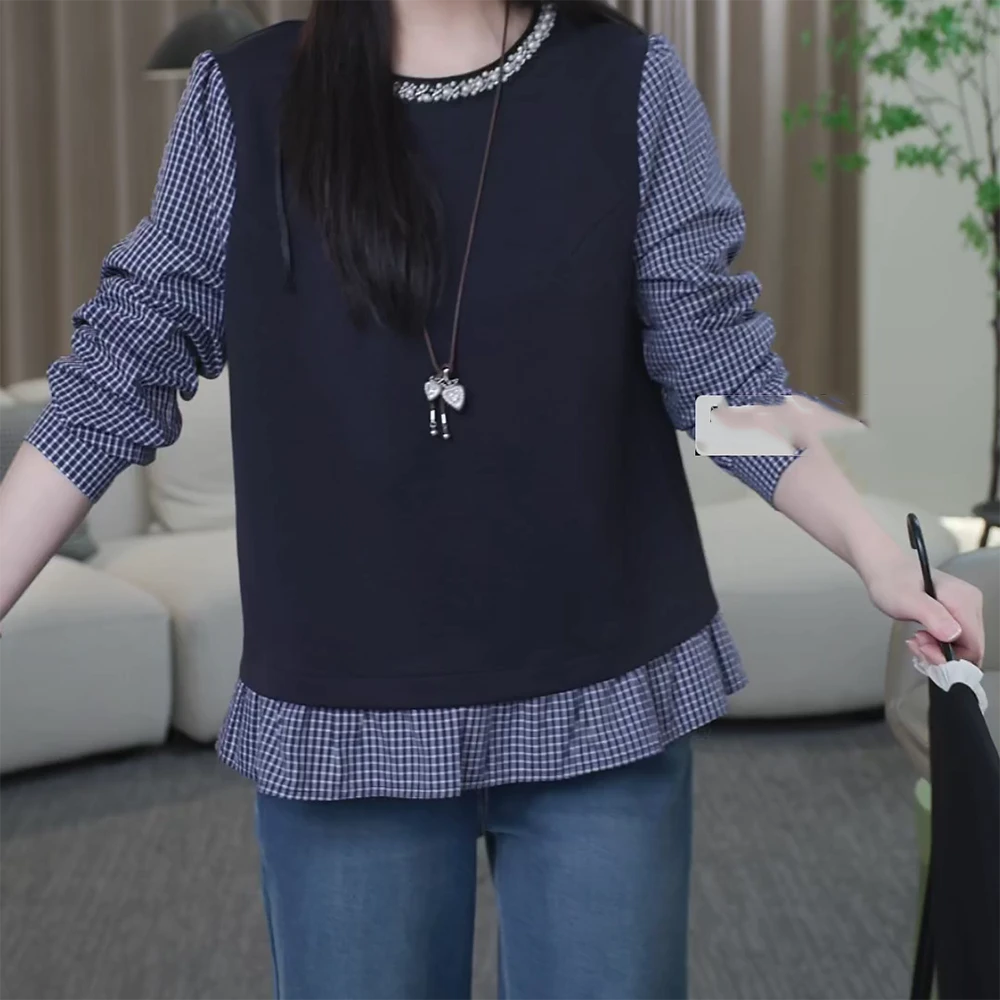 秋季时尚格子拼接假两件衬衫秋季女2025新款爆款洋气上衣C6330