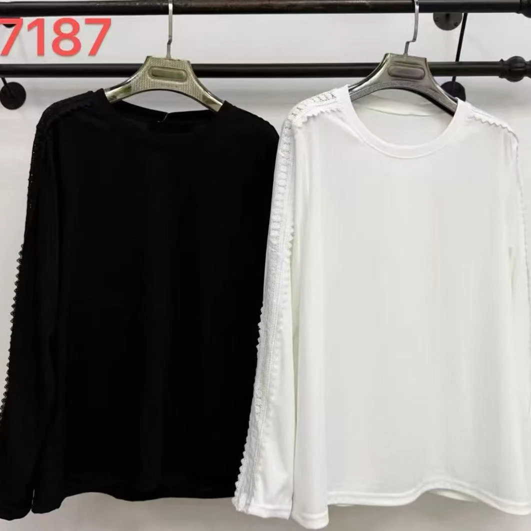 长袖圆领拼接花边镂空特体大码250斤可穿纯色百搭宽松打底T恤7187