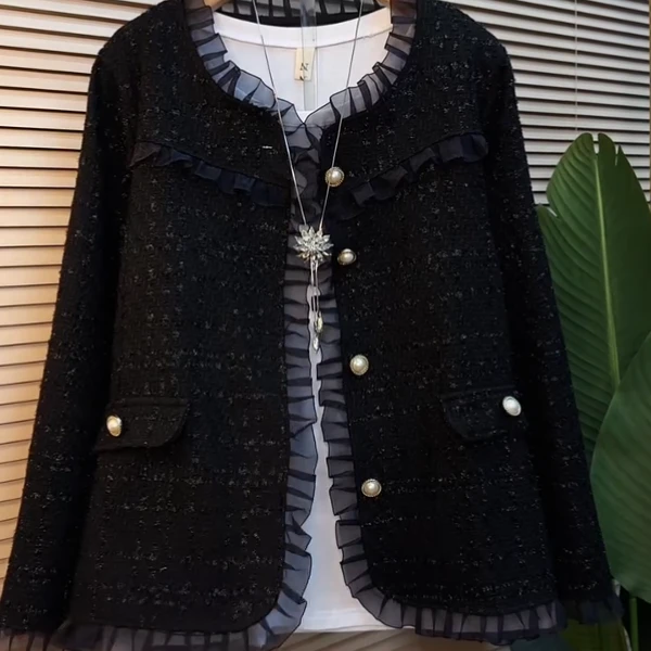 韩版宽松小香风外套气质长袖百搭黑色重工秋冬大码女装轻奢洋气