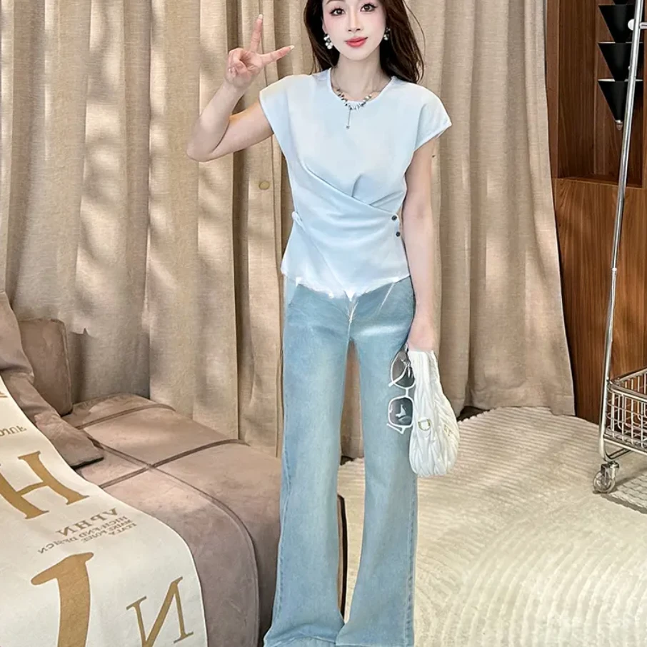 法式显瘦气质圆领短袖交叉下摆纽扣设计感休闲针织衫上衣女B4-26