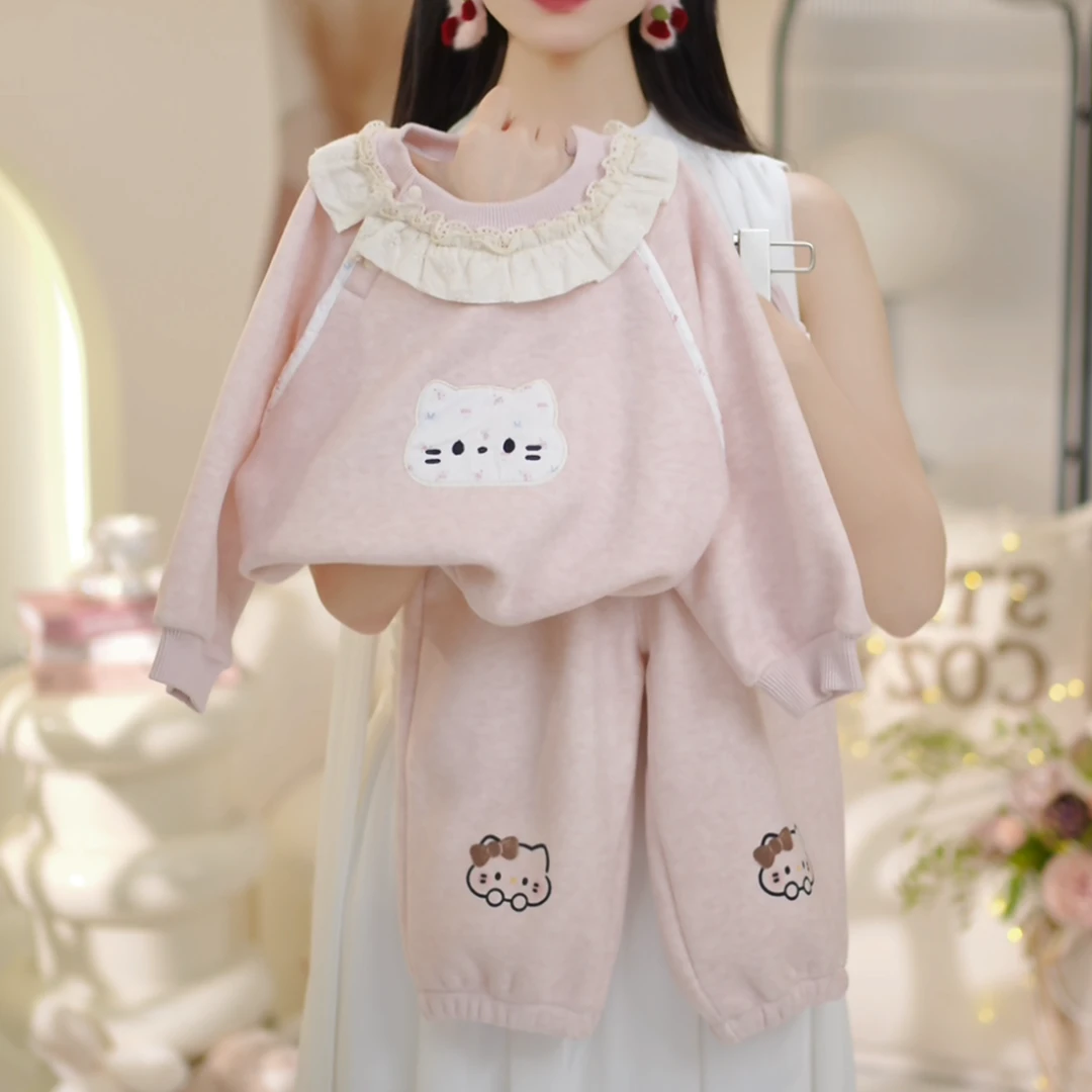 女童2025秋冬季新款花边领加绒加厚卫衣束脚裤套装C23806