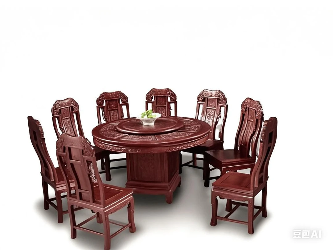新中式雕花圆形风景深雕美式酸枝餐桌餐椅家用餐台欧式餐厅圆桌