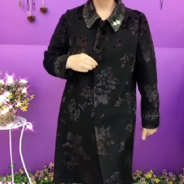 春季烫金提花中年妈妈宽松大码风衣外套