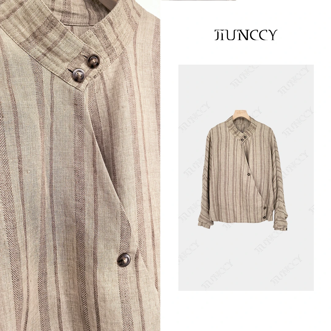 JIUNCCY【知秋】100亚麻斜扣门襟竖条纹休闲气质长袖外套 24WT038