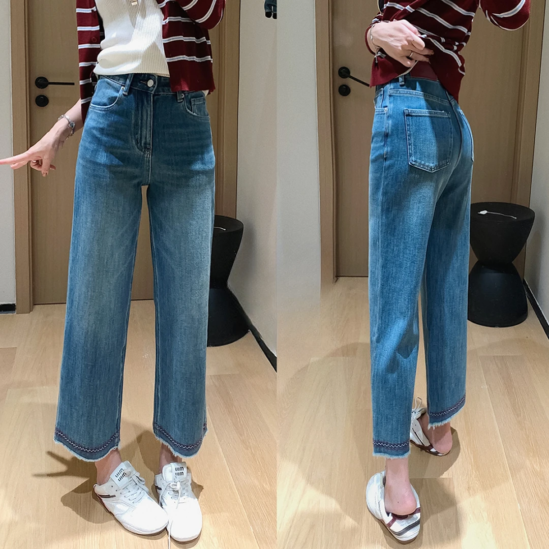 民族风刺绣流苏九分直筒裤早秋新款梨形身材高腰显瘦弹力牛仔裤