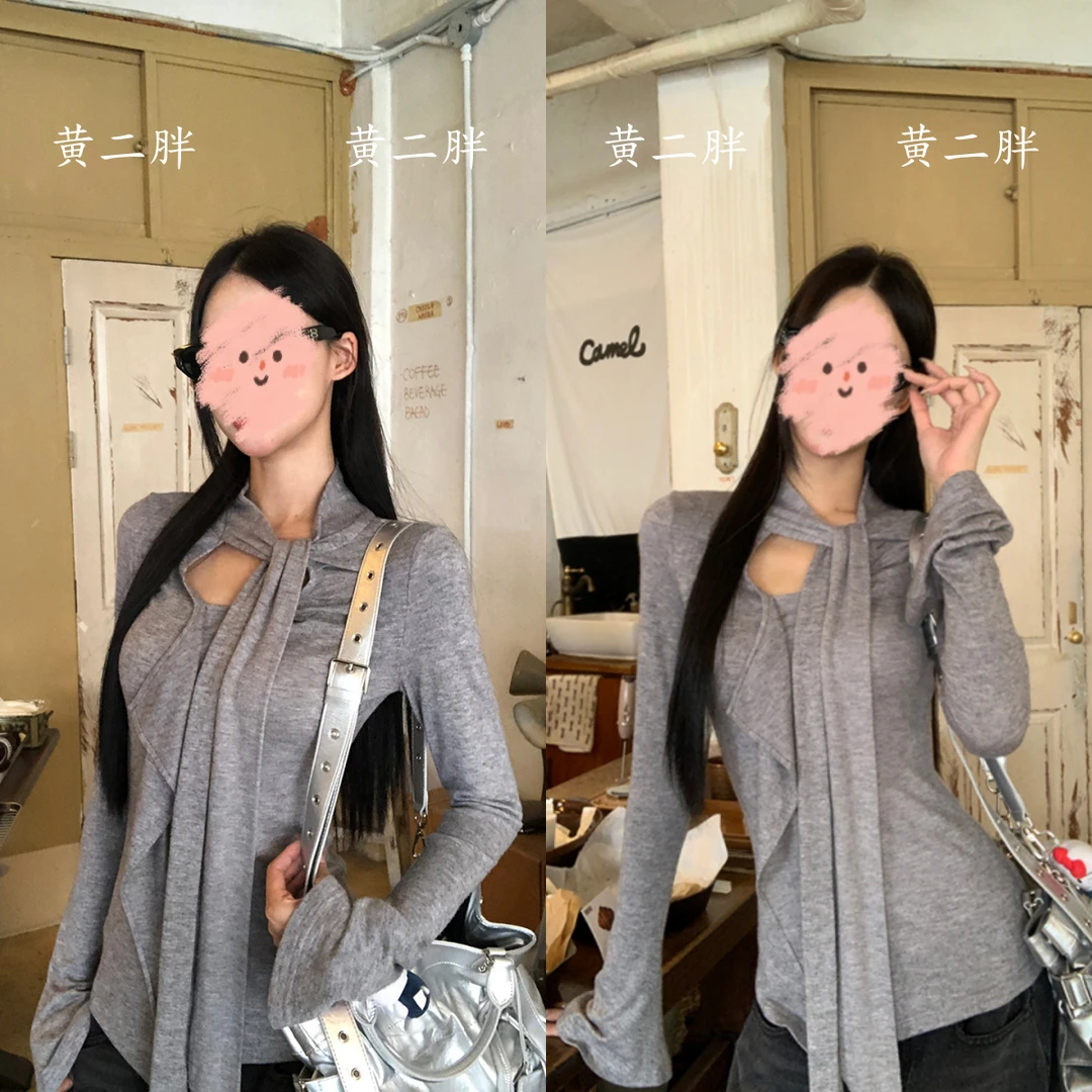 荷叶边飘带圆领长袖T恤女早秋新款不规则收腰显瘦针织衫打底上衣