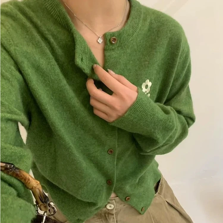 K2193 小花刺绣 韩系花朵针织绿色毛衣开衫