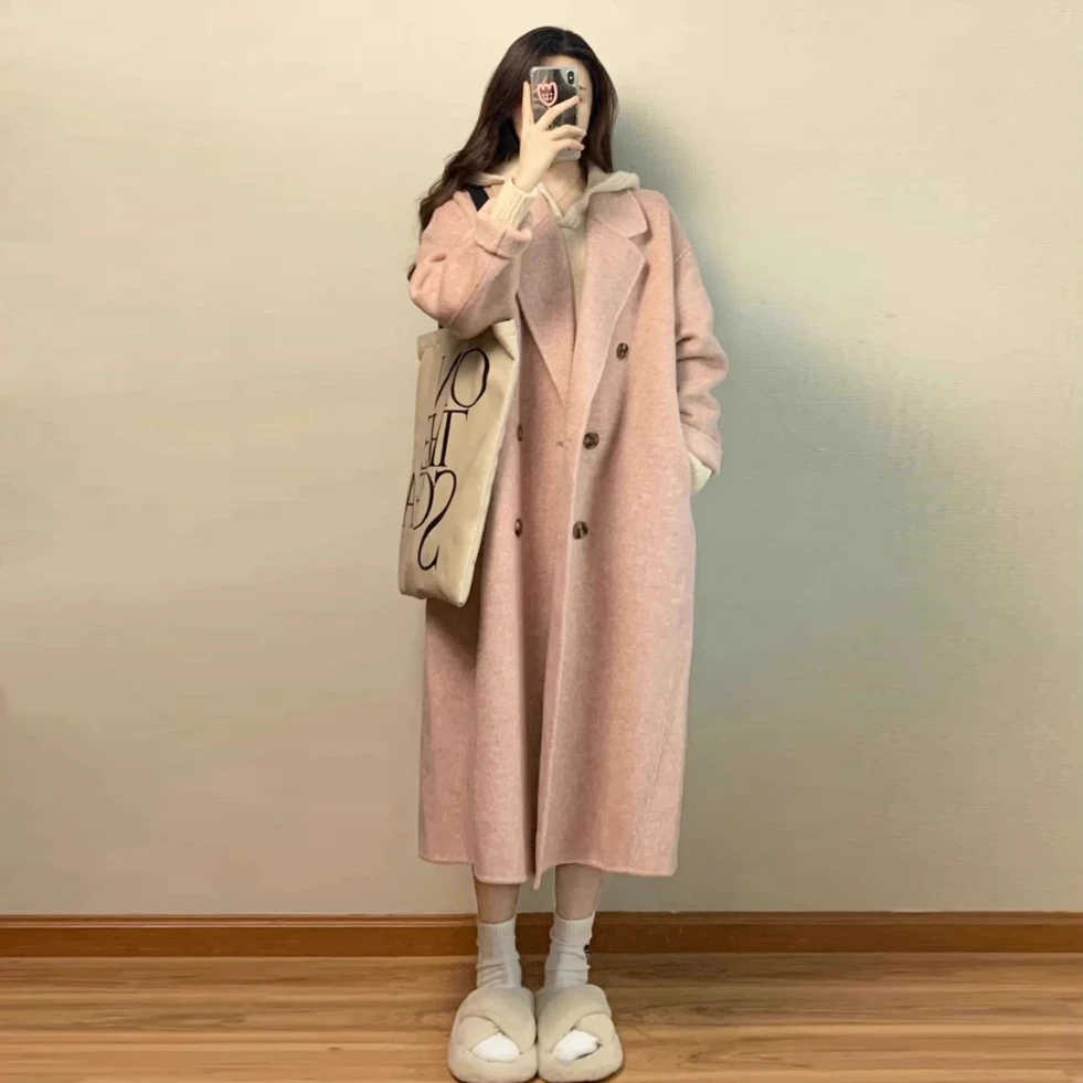 粉色双面大衣女2025秋冬新款中长款休闲高级感小个子呢子韩系外套